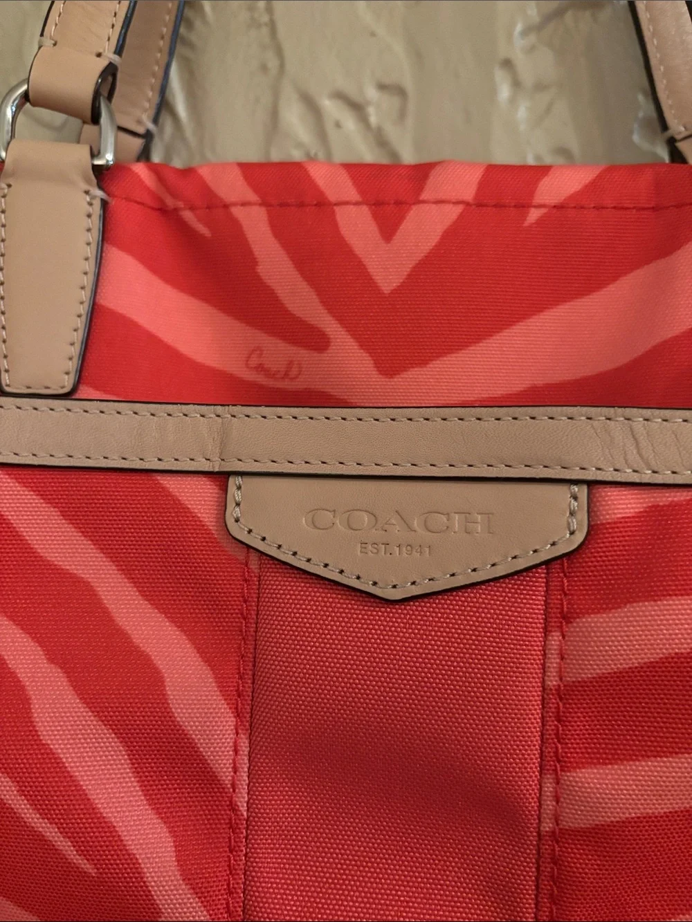 Authentic Y2K COACH Signature Zebra Print Canvas Tote Bag Hot Orange & Coral